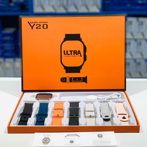 Y 20 Ultra Watch 7-in-1 – 49mm Big HD Display, Wireless Charging, Bluetooth Calling, 7 Straps (Metal Included) | For Boys & Girls