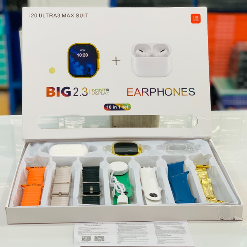 i20 Ultra Smart Watch – Max Suit 7-in-1 Set with Earbuds | 2.3″ Large Screen, Multi-Sport, Waterproof, Heart Rate & Sleep Monitor | Men & Women